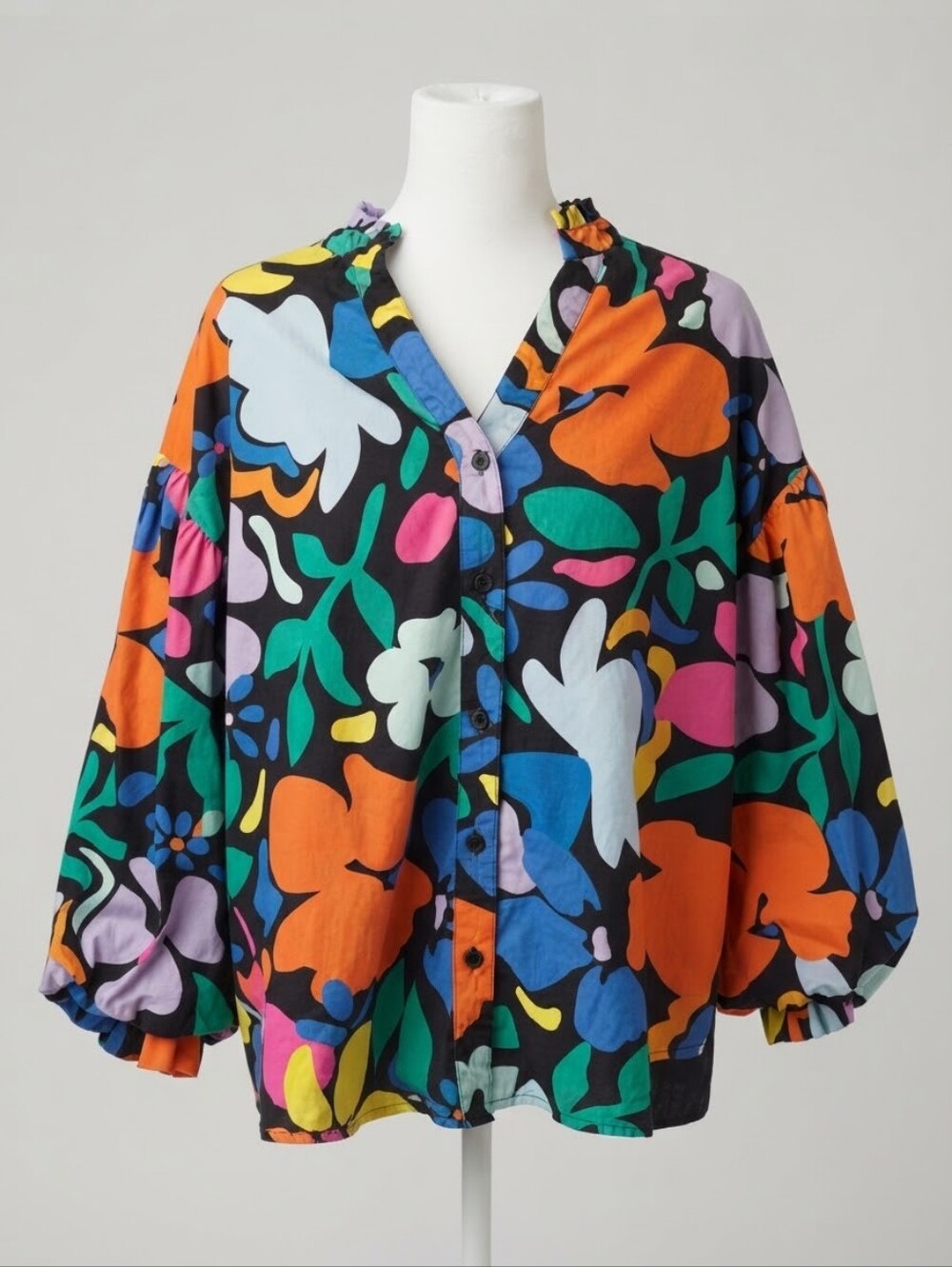Karlie 100% Cotton Vibrant Abstract Floral Blouse Size L Colorful Button Front